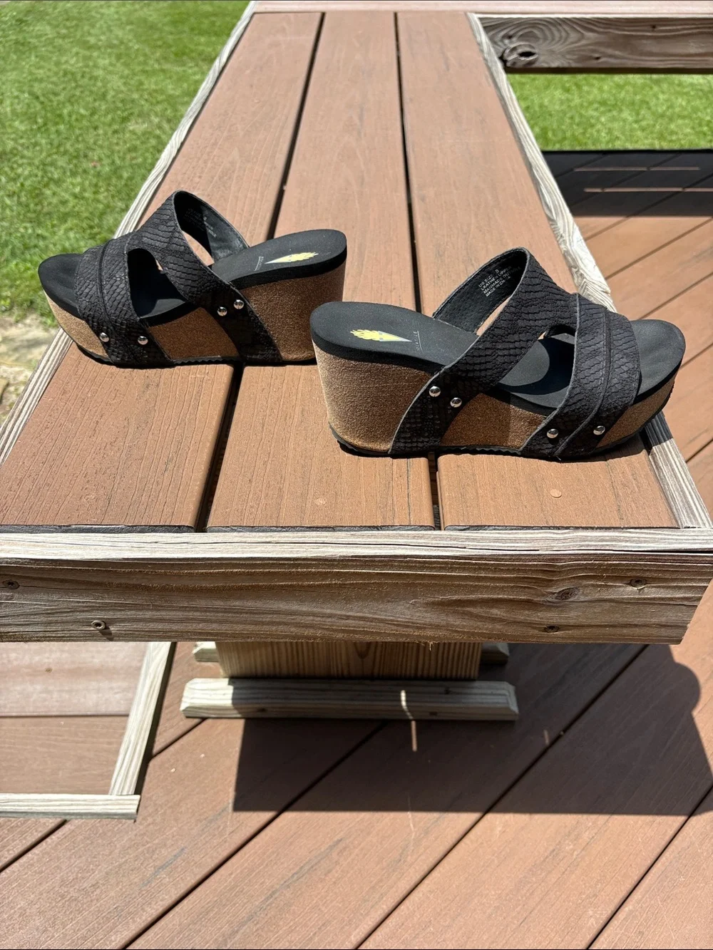 Volatile Mount Python Embossed Black Leather Wedge Sandal